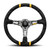 Momo Automotive Accessories ULT35BK0BK Steering Wheel, Ultra, 350 mm Diameter, 90 mm Dish, 3-Spoke, Black Alcantara Grip, Yellow Stripes, Aluminum, Black/White Anodized, Each