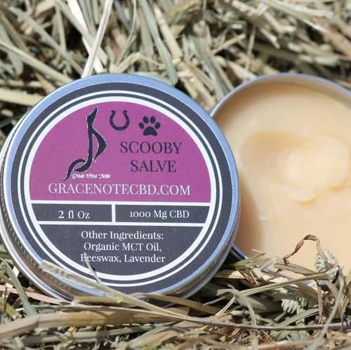 Grace Note's CBD Salve is infused with 1000 mg of CBD.  This salve can be used on horses and dogs as  a natural, organic and safeway to soothe manage arthritis, joint, inflammation and muscle soreness as well as soothe bug bites and sore paws.  CBD has been shown to help reduce inflammation and soreness.