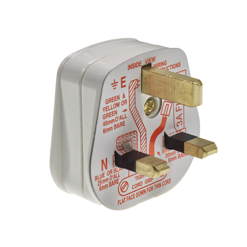 White 13A Plug Top with 3A Fuse and Strap Cord Grip