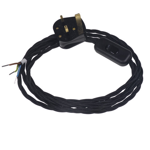 2m Black Braided 3 Core Twisted Cable with Plug & Switch