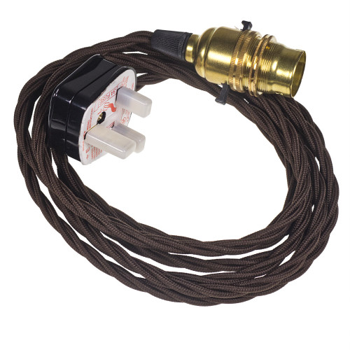 Dark Brown Twisted Cable with Brass BC | B22 Switched Lampholder and Plug 3m