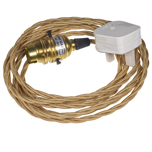 Gold Twisted Cable with Brass BC | B22 Switched Lampholder and Plug 3m
