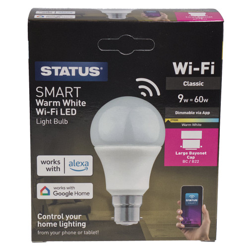 Status Smart 9w BC | B22 Warm White Wi-Fi LED Light Bulb