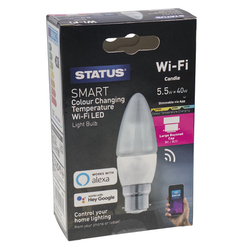 Status Smart 5.5w BC | B22 Colour Temperature Changing Wi-Fi LED Candle Light Bulb