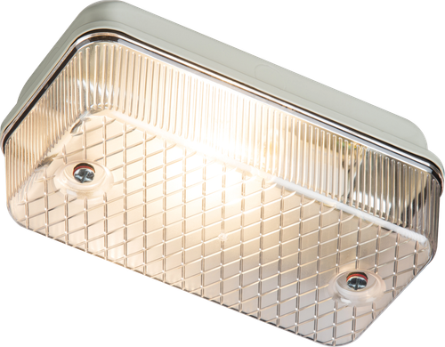230V IP65 100W max (ES) E27 Bulkhead with Clear Prismatic Diffuser and White Aluminium Base