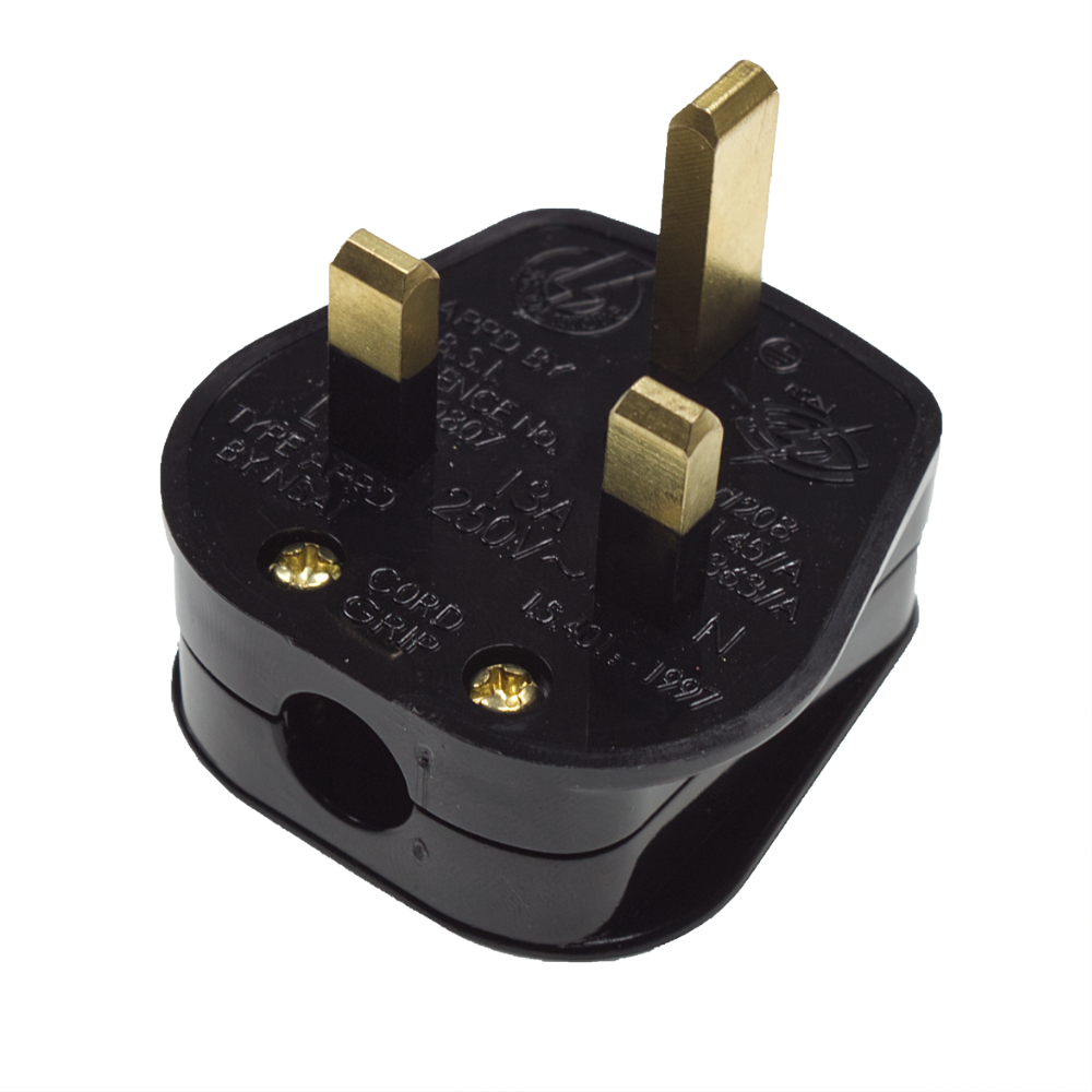 Black 13A Plug Top with 3A Fuse and Strap Cord Grip