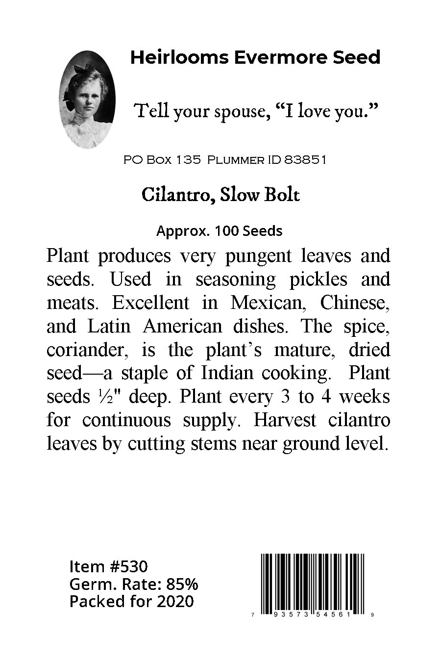 Cilantro, Slow Bolt Heirlooms Evermore Seed Co.