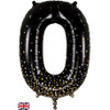 OT606906 NUMERAL SPARKLING FIZZ BLACK GOLD 0 FOIL BALLOON 87CM/34". HELIUM INFLATED, RIBBON AND WEIGHT