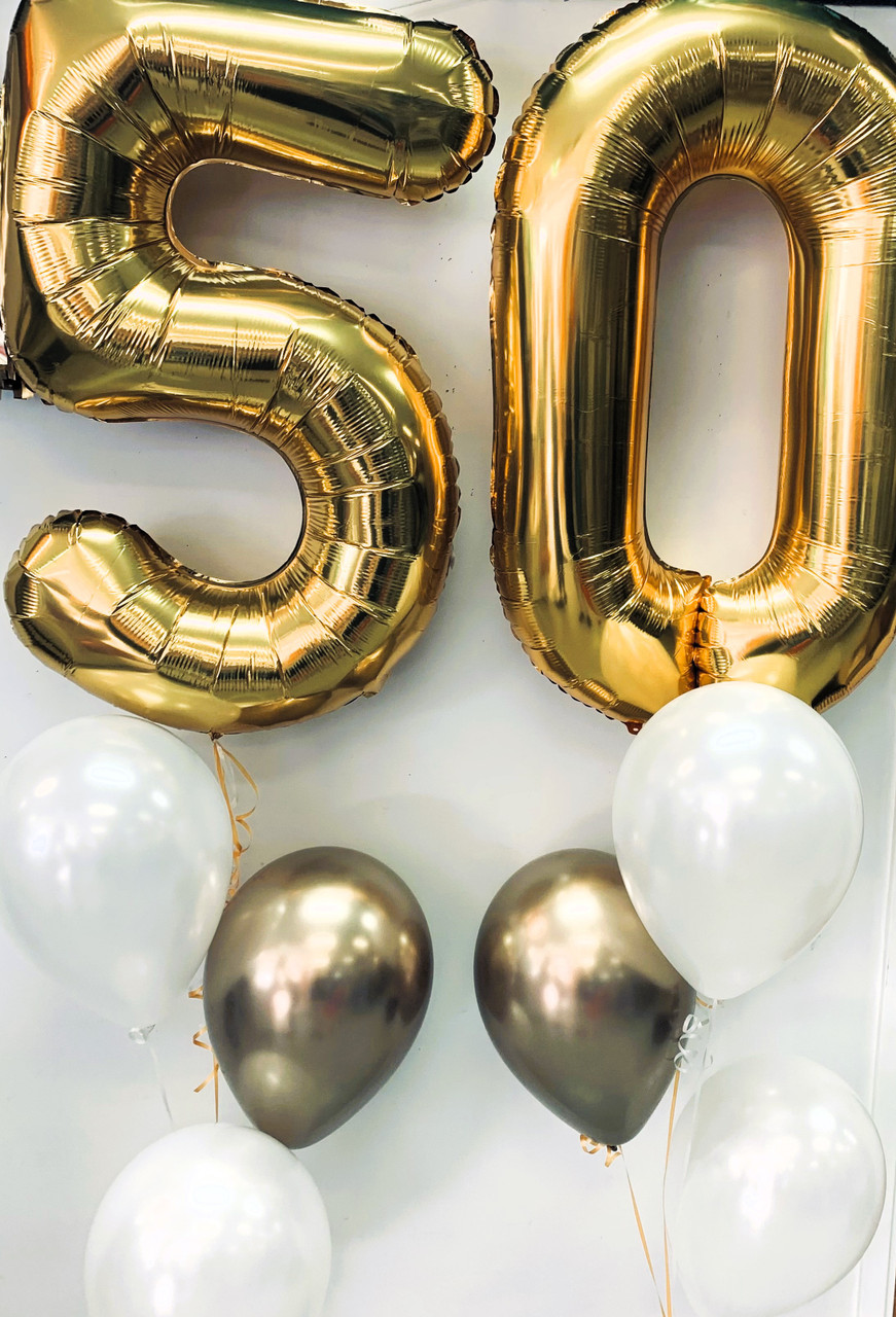BALLOON NUMBERS LGE PAIR FOIL  WITH 6 BALLOONS HELIUM FILLED ON 2XWEIGHTS HI FLOAT TO LAST