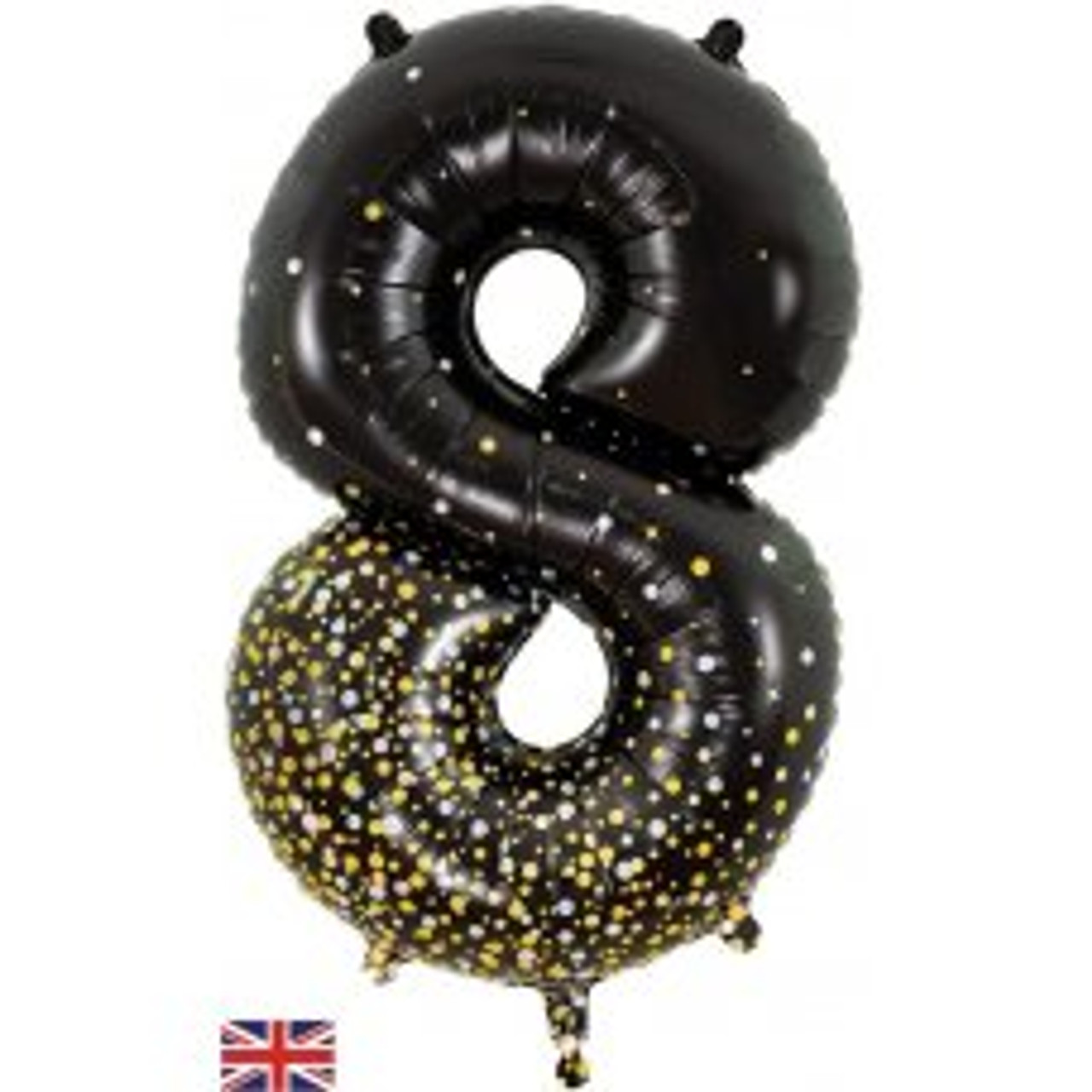OT606982 NUMERAL SPARKLING FIZZ BLACK GOLD 8 FOIL BALLOON 87CM/34". HELIUM INFLATED, RIBBON AND WEIGHT