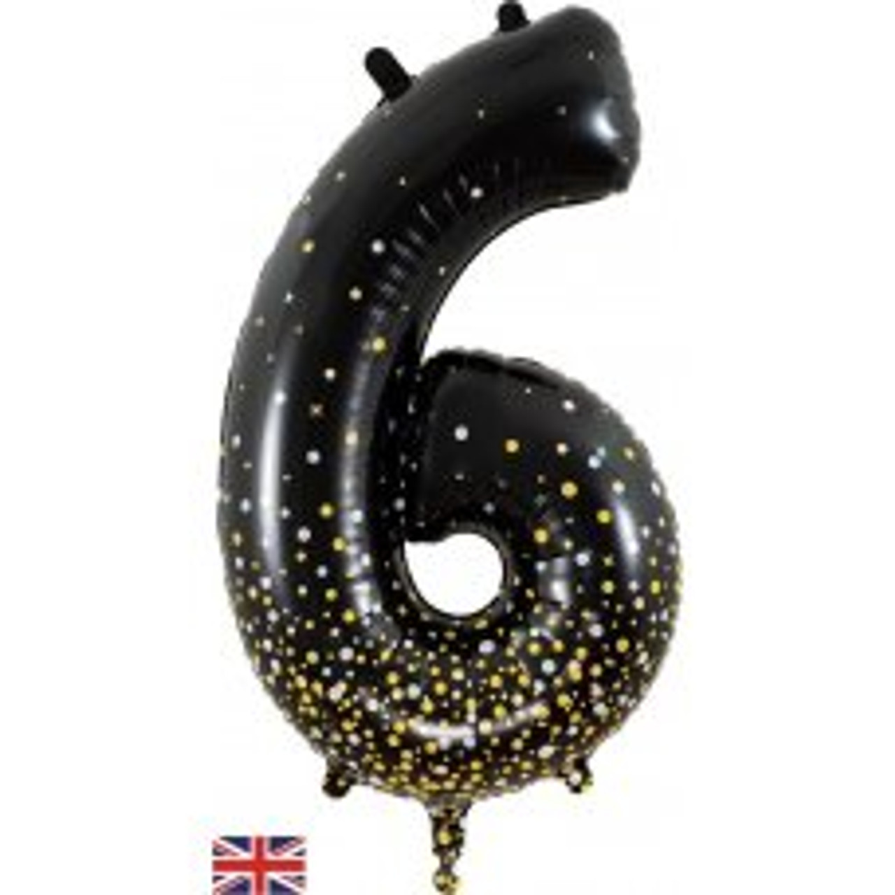 OT606968 NUMERAL SPARKLING FIZZ BLACK GOLD 6 FOIL BALLOON 87CM/34". HELIUM INFLATED, RIBBON AND WEIGHT