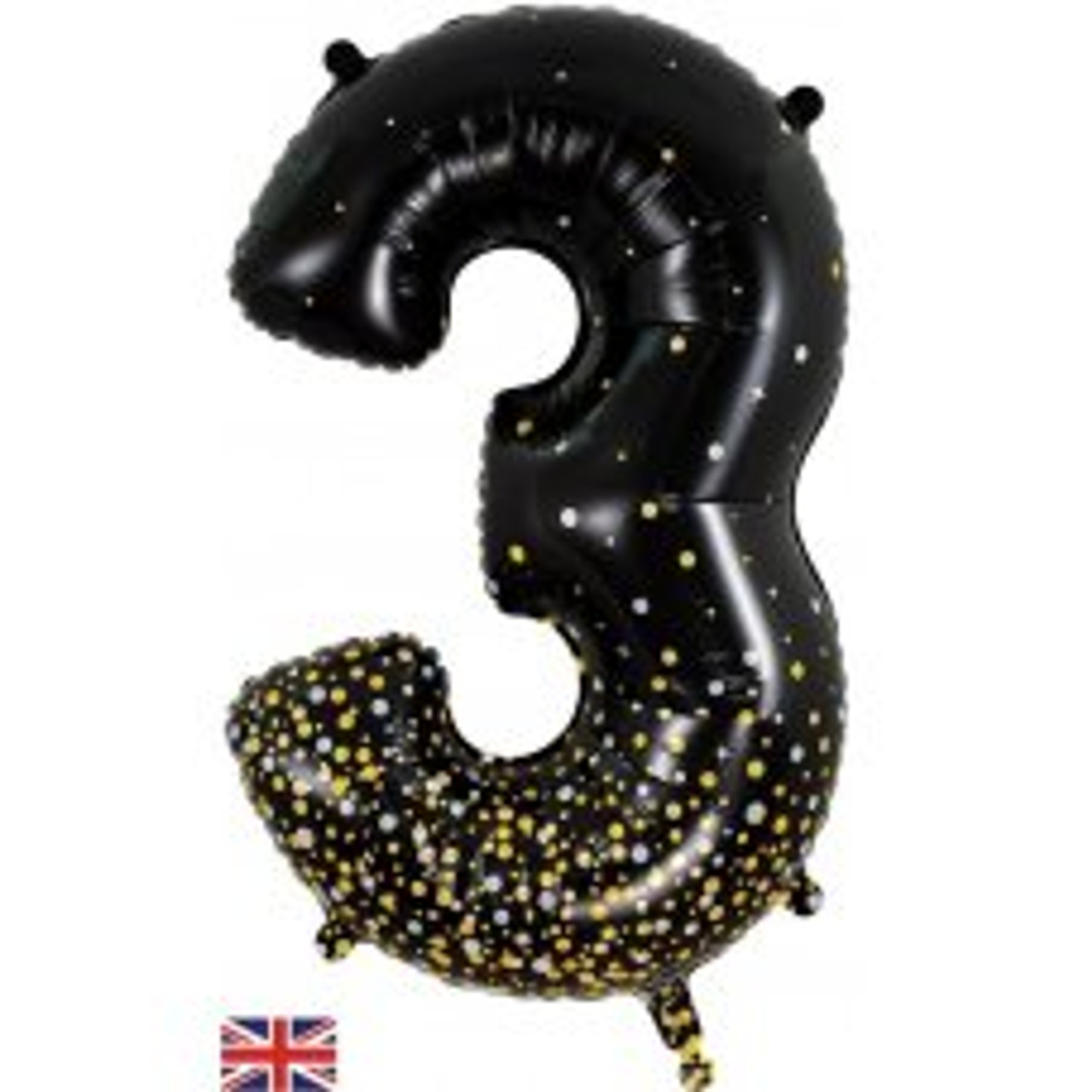 OT606933 NUMERAL SPARKLING FIZZ BLACK GOLD 3 FOIL BALLOON 87CM/34". HELIUM INFLATED, RIBBON AND WEIGHT