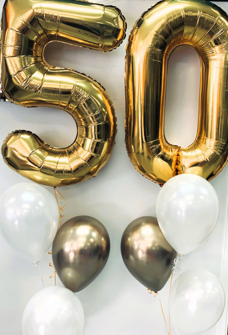 BALLOON NUMBERS LGE PAIR FOIL  WITH 6 BALLOONS HELIUM FILLED ON 2XWEIGHTS HI FLOAT TO LAST