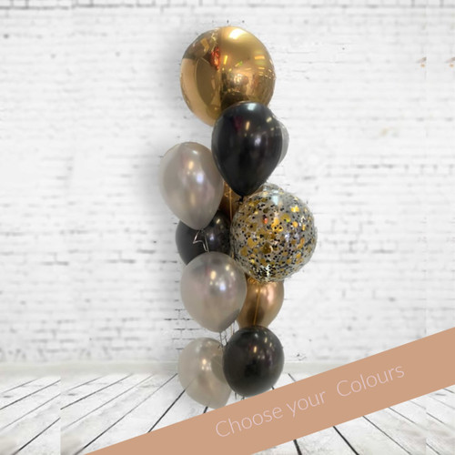 Delux Bouquet Chrome  -gold orbz, gold and black confetti, chrome golds and black balloons weight incl hi float to last