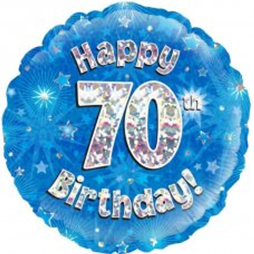 210514 BLUE HOLOGRAPHIC HAPPY 70 B'DAY 45CM FOIL BALLOON uninflated