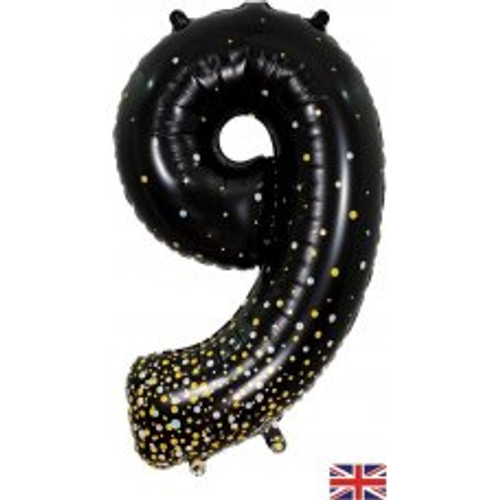 OT606999 NUMERAL SPARKLING FIZZ BLACK GOLD 9 FOIL BALLOON 87CM/34". HELIUM INFLATED, RIBBON AND WEIGHT