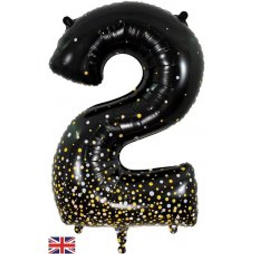 OT606920 NUMERAL SPARKLING FIZZ BLACK  2 FOIL BALLOON 87CM/34". HELIUM INFLATED, RIBBON AND WEIGHT