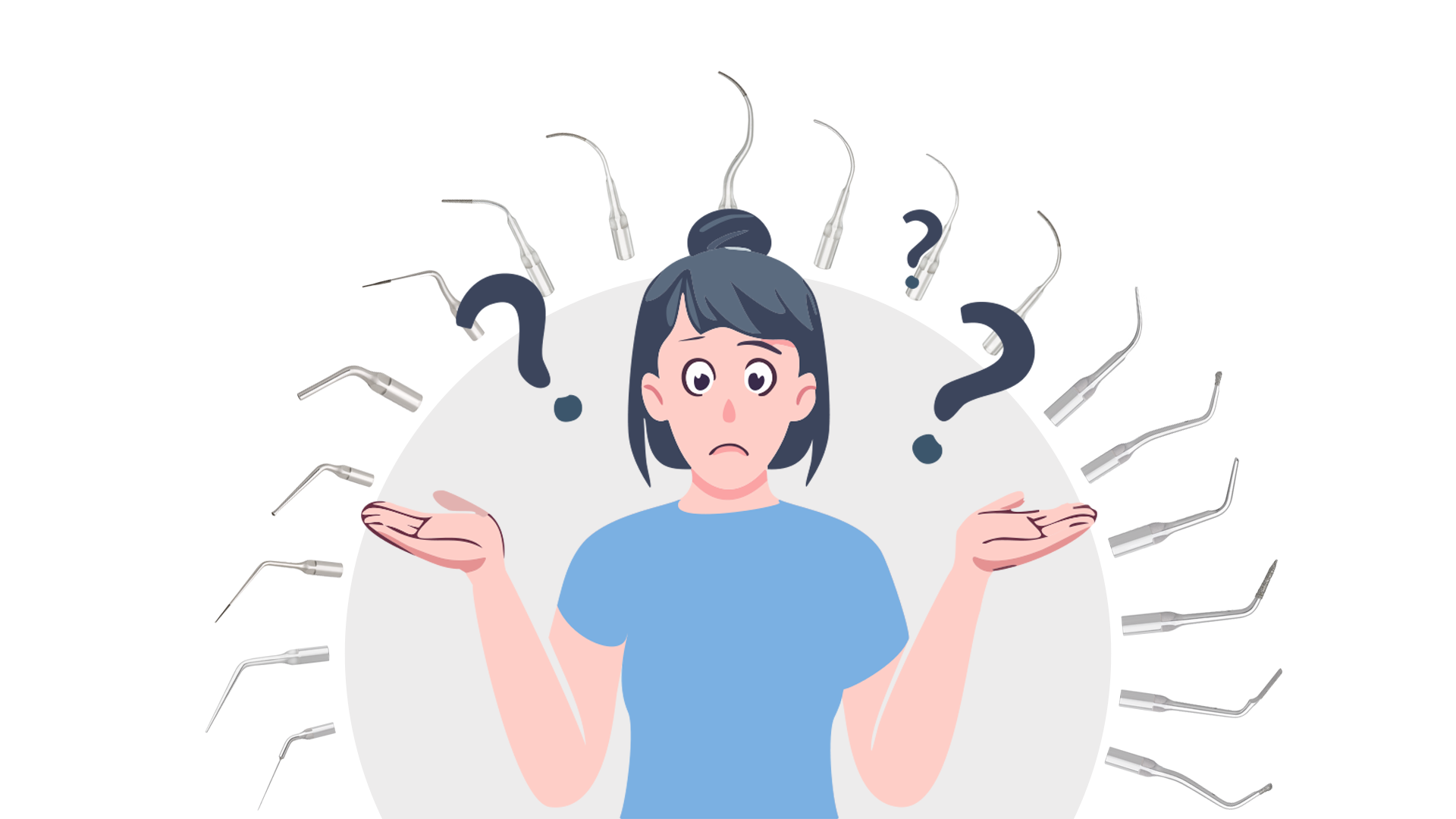 Confused woman surrounded by various dental scalers, indicating uncertainty in choosing the right Scaler