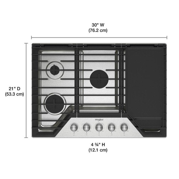 Whirlpool® Table de cuisson au gaz avec grille à charnière 2 en 1 convertible en plaque chauffante, 30 po WCGK7530PS Whirlpool® Table de cuisson au gaz avec grille à charnière 2 en 1 convertible en plaque chauffante, 30 po WCGK7530PS