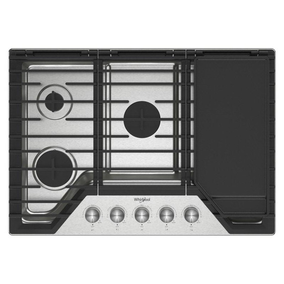 Whirlpool® Table de cuisson au gaz avec grille à charnière 2 en 1 convertible en plaque chauffante, 30 po WCGK7530PS