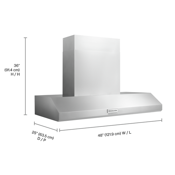 Hotte de cuisinière murale de style commercial à classe de moteur de 585 ou 1170 pi cu/min - 48 po KitchenAid® KVWC958KSS