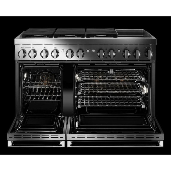 Jennair® Cuisinière bicombustible de style professionnel NOIR™ avec plaque chauffante infusée de chrome et assistée à la vapeur, 48 po JDSP548HM