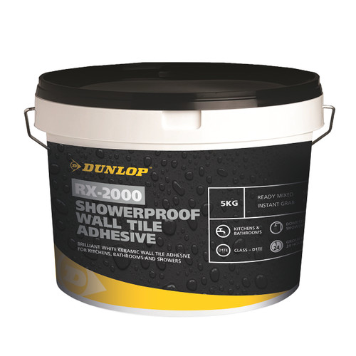 Dunlop RX-2000 Showerproof Wall Tile Adhesive, Brilliant White, 5kg