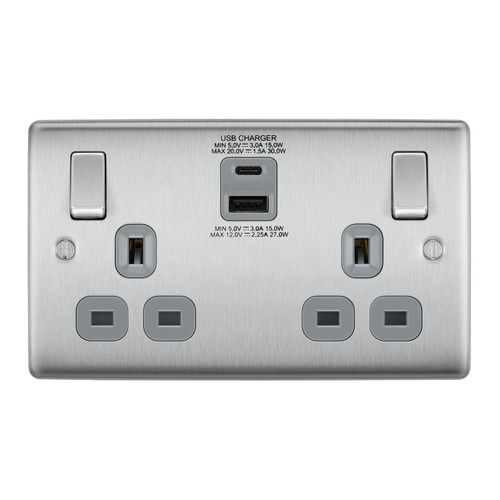 Bg Electrical Nexus Metal 2 Gang 13A Socket With Type A + C Usb Charger 30w, Brushed Steel
