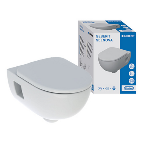 Geberit Selnova Rimfree Selnova Semi-Shrouded Wall-Hung Pan & Soft Close, Quick Release Seat Pack