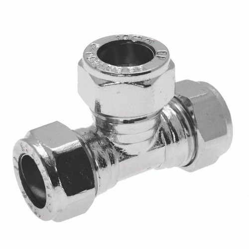22mm Chrome Compression Equal Tee, Brass