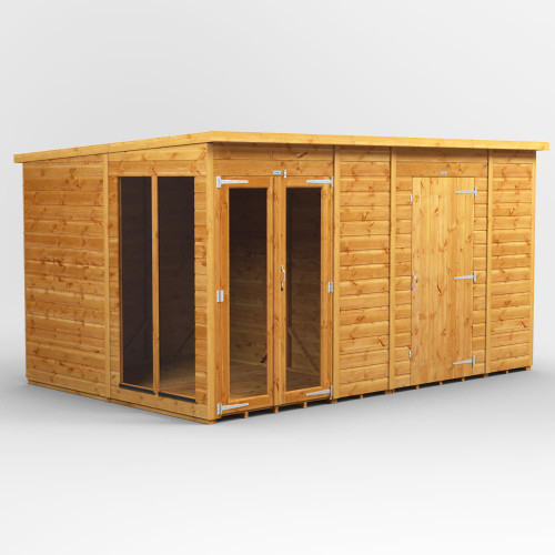 12x8 Power Pent with 6 Side Store Combi 4 x Windows Golden Brown with 6 Side Store