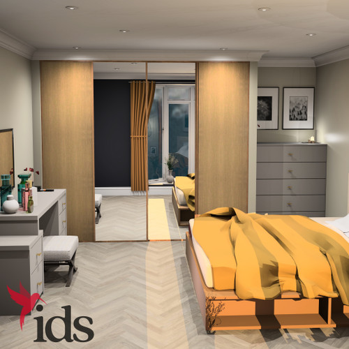 Interior Door Systems: Timeless 4-Door Sliding Wardrobe Door Kit, Light Oak Frame with Light Ferrara Oak, Silver Mirror, Silver Mirror, Light Ferrara Oak Panels, 2260mm x 2370mm