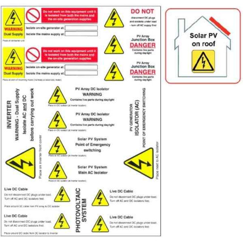 Solar Installation Labels Kit, A4 Sheet + Single (17 Labels)
