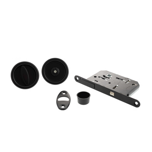 Agb Round Flush Handle Sliding Door Bathroom Lock Set, Matt Black
