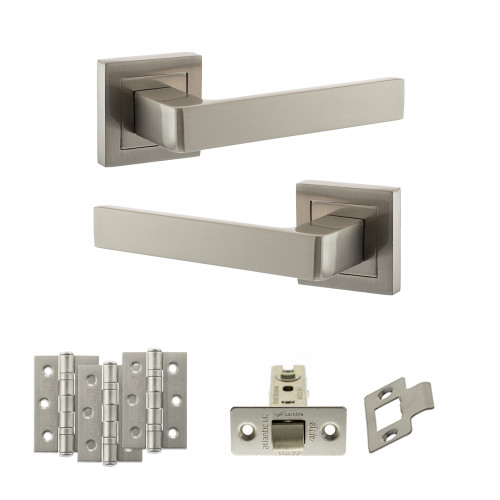 Montana Door Handle Pack With 3" Ce Latch And 3" Fire Hinges x 3, Satin Nickel