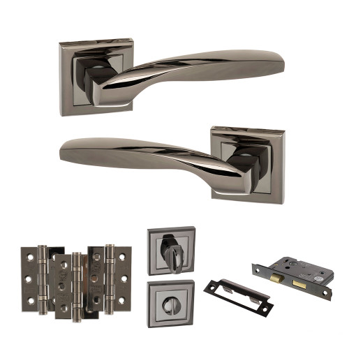 Oklahoma Door Handle Pack With 3" Ce Bath Lock And 3" Fire Hinges x 3, Brushed Nickel