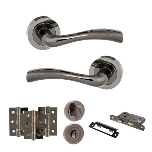 Texas Door Handle Pack With 3" Ce Bath Lock And 3" Fire Hinges x 3, Brushed Nickel