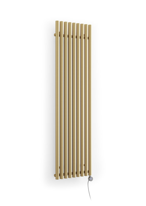 Smooth Textured Brass Oil Filled 40mm Cylindrical Chunky Bars Electric Radiator With Terma Moa Blue Heating Element 1800x480x96 Brass