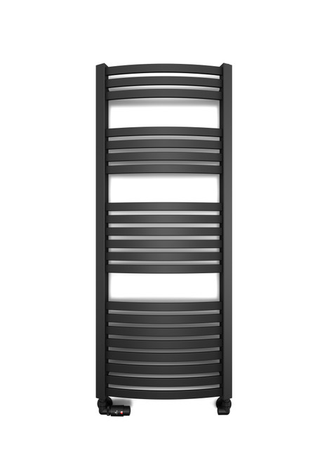 Matt Smooth Textured Black, Heated Towel, Dexter Features Trapezium Shaped Uprights With Flat Sweeping Curved Bars 1220x500x60 RAL 9005 (Matt) Black