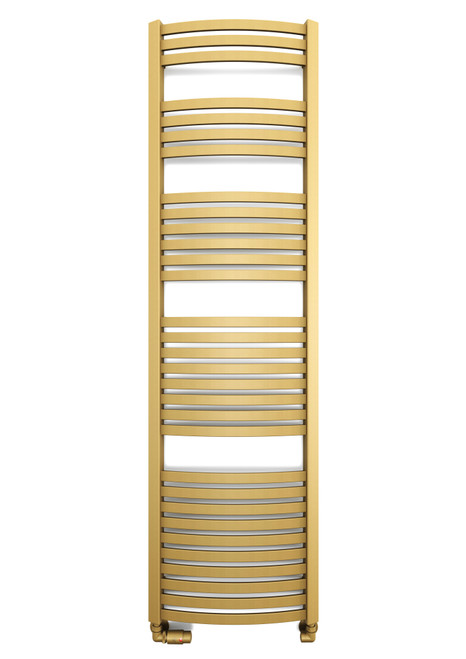 Metallic Smooth Textured Brass Heated Towel - Dexter Features Trapezium Shaped Uprights With Flat Sweeping Curved Bars 1760x500x60 Brass