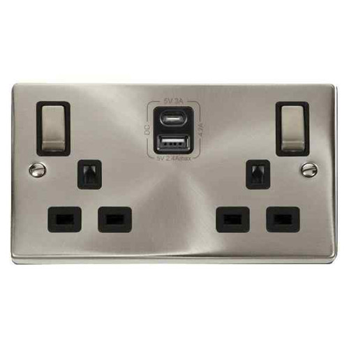 Deco 13a Ingot 2 Gang Double Pole Switched Socket, Usb Type A and C, Black