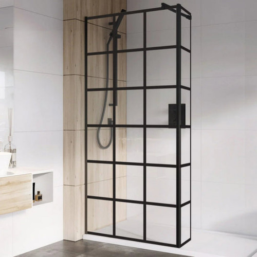 Distinct 900 Corner Wet Room Panel, 8mm, Black Grid