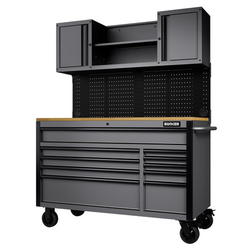 Bunker 10 Drawer Roller Workstation With Workbench, 56 Inch, Light Grey