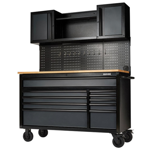 Bunker 10 Drawer Roller Workstation With Workbench, 56", Grey