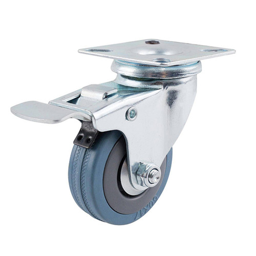 Castor, Blue/Grey Rubber, Swivel with Plate Brake, 50mm