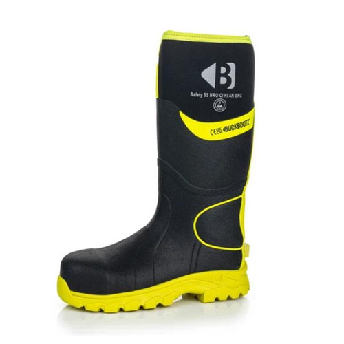 Buckbootz Safety Wellington, Neoprene, Black/Yellow, Size 12