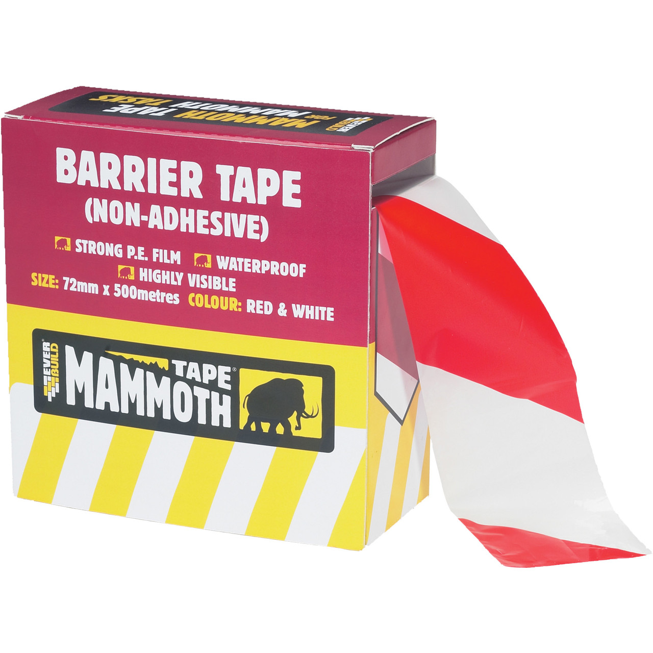 Photograph of Everbuild Mammoth Barrier Tape Red/White 72mm x 500m