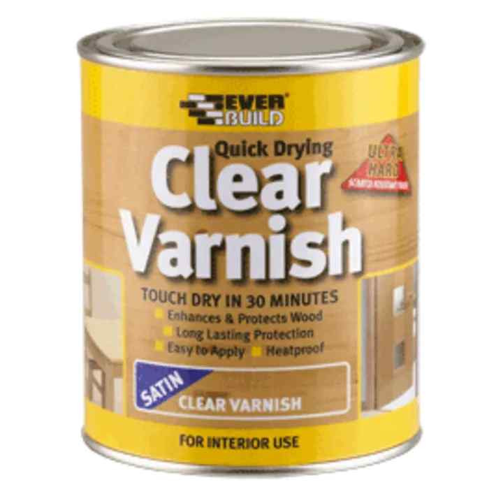 Photograph of Everbuild Clear Varnish, Clear Gloss, 750ml, Solvent Based, 16 sq m/l Coverage Area