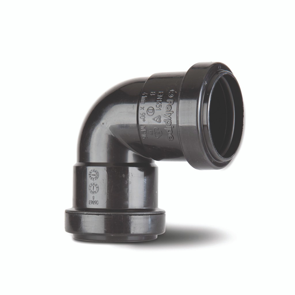 Photograph of Polypipe Push Fit Waste 32mm Black Knuckle Elbow 90Deg