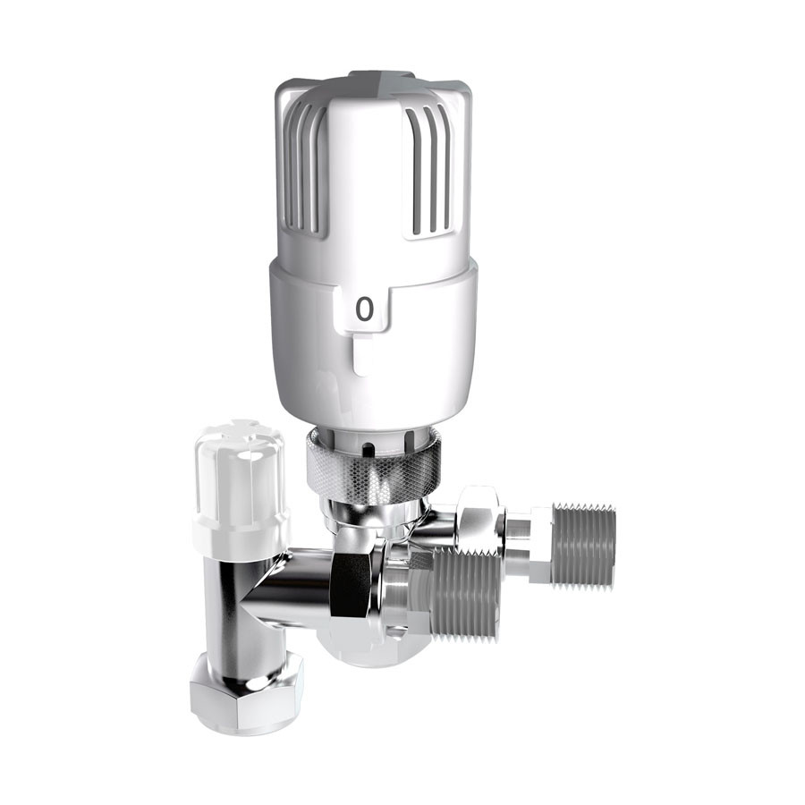 Photograph of 15mm Angled Thermostatic Radiator Valve White/Chrome (Twin Pack)